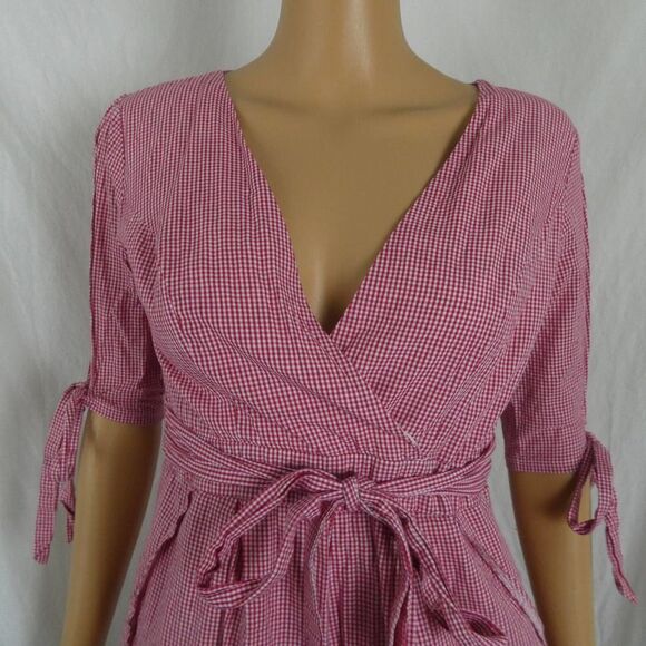 SEEK The Label Red White Checkered V Neck Crossover 1/2 Sleeve Romper Gingham Md - Picture 3 of 10